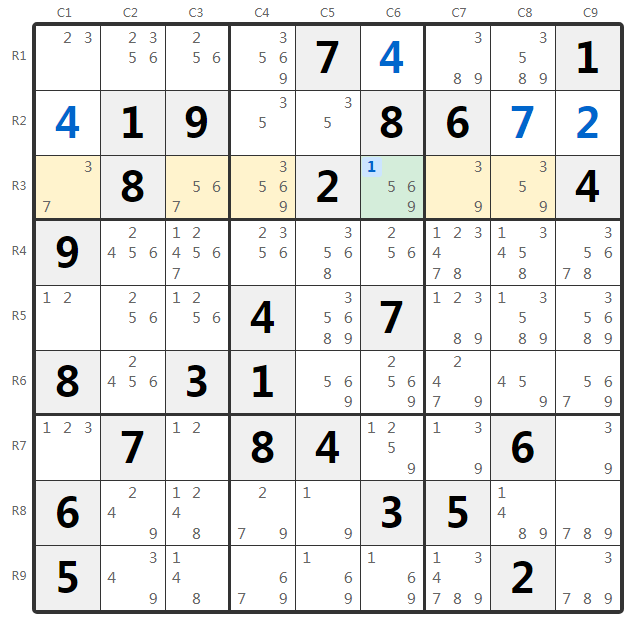 Esempio Hidden Single Sudoku - Analisi della riga
