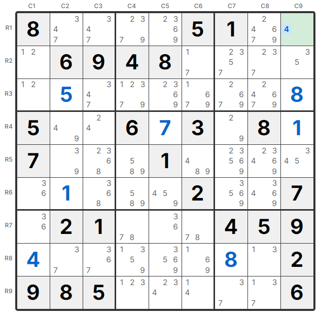 Esempio Singolo Nudo - R1C9 ha solo candidato 4